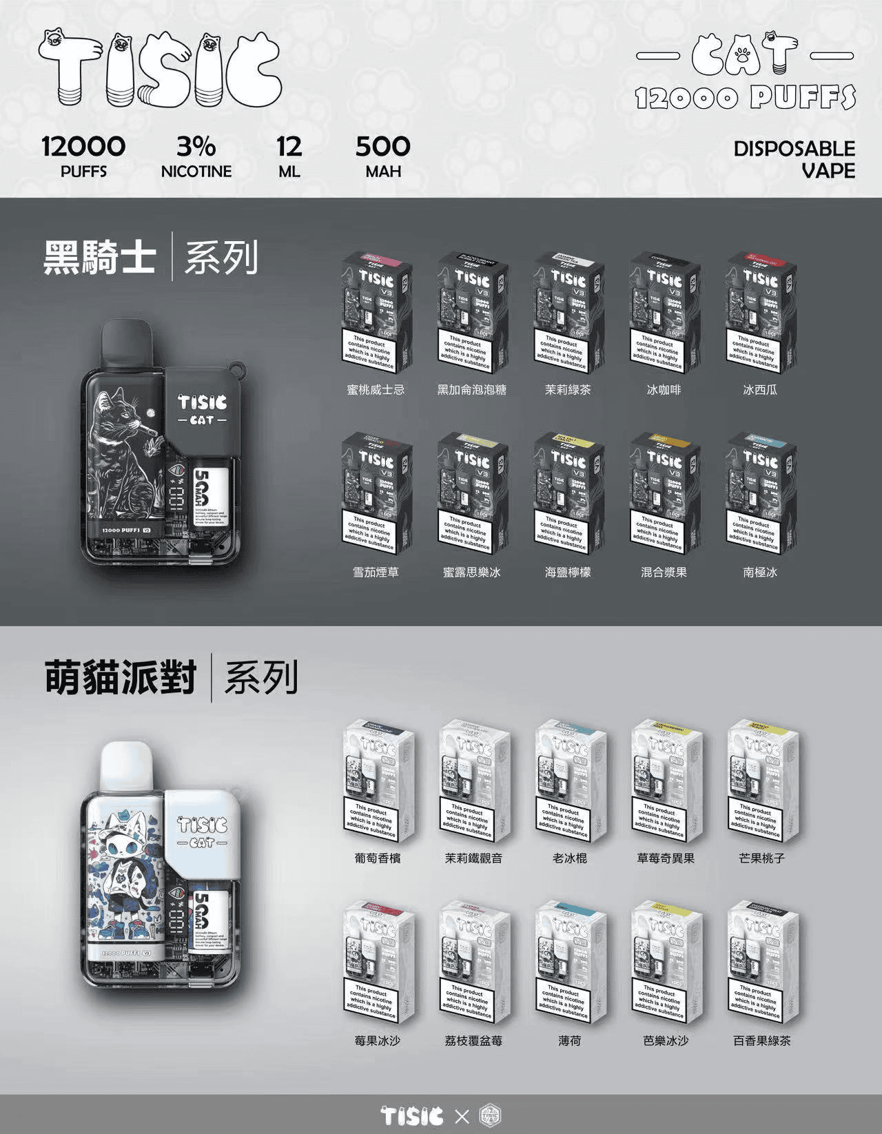 【買10送1】TISIC 12000口拋棄式:黑騎士/萌貓派對雙風格任選 12ml 超長效不漏油設計 500mAh 高效快充 台灣現貨秒發:圖片 2